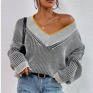 Oversized Rib Knit Striped V-Neck Black Gray Pullover Sweater